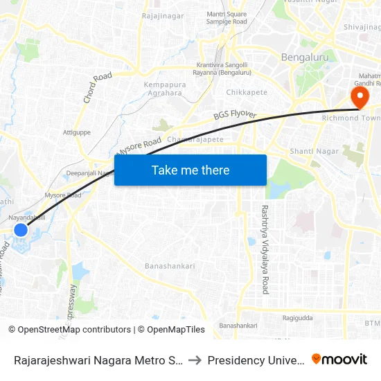 Rajarajeshwari Nagara Metro Station to Presidency University map