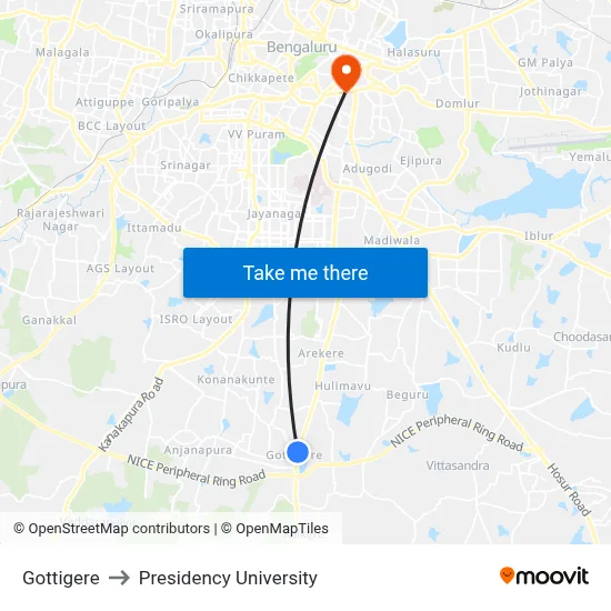 Gottigere to Presidency University map