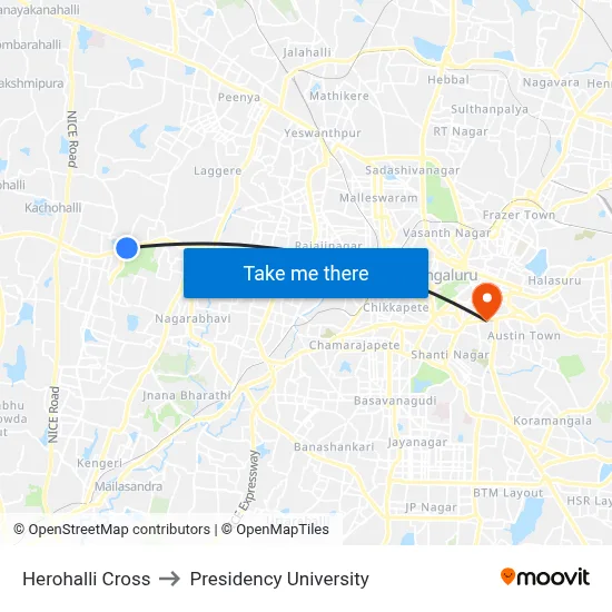 Herohalli Cross to Presidency University map