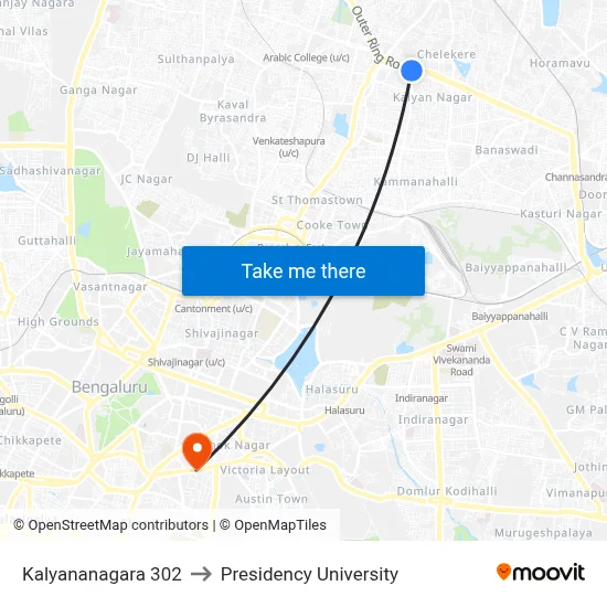 Kalyananagara 302 to Presidency University map