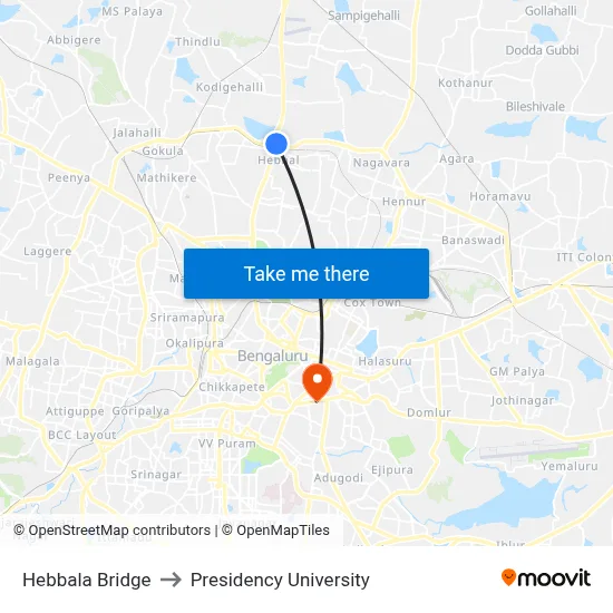 Hebbala Bridge to Presidency University map