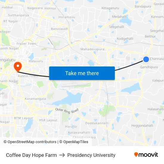 Coffee Day Hope Farm to Presidency University map