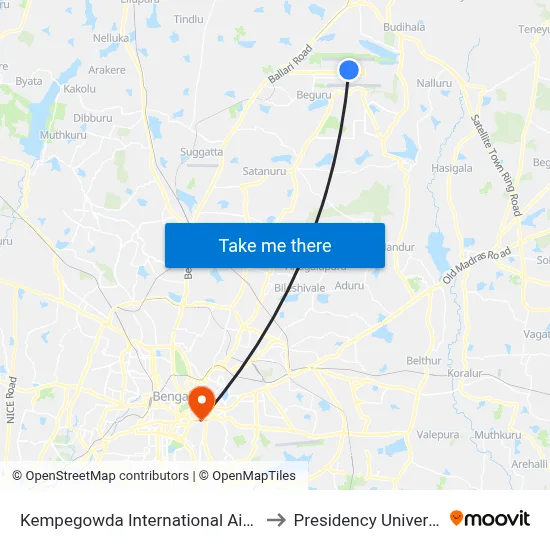 Kempegowda International Airport to Presidency University map