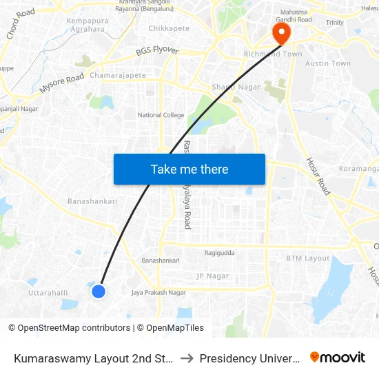 Kumaraswamy Layout 2nd Stage to Presidency University map