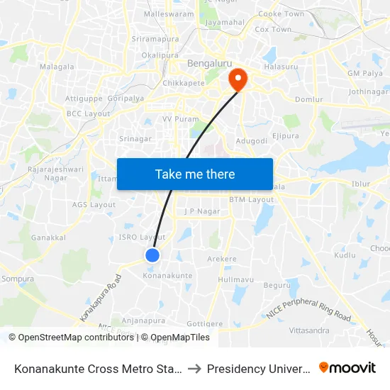 Konanakunte Cross Metro Station to Presidency University map