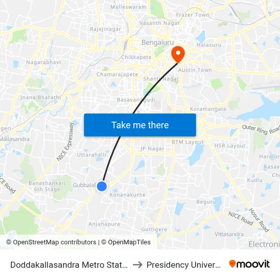 Doddakallasandra Metro Station to Presidency University map