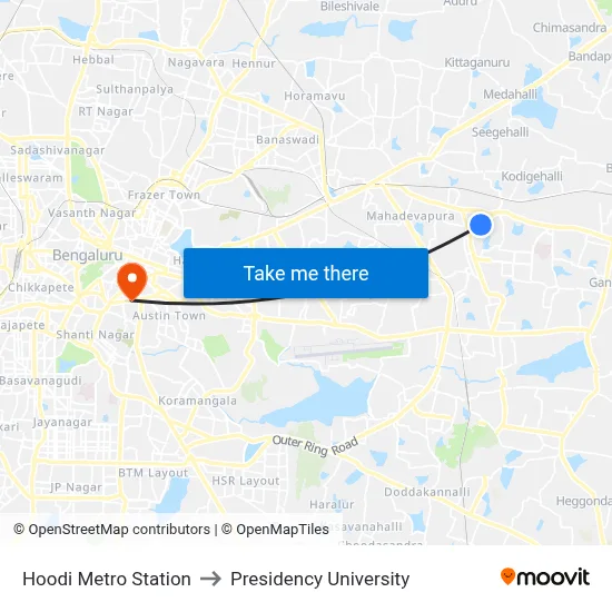 Hoodi Metro Station to Presidency University map