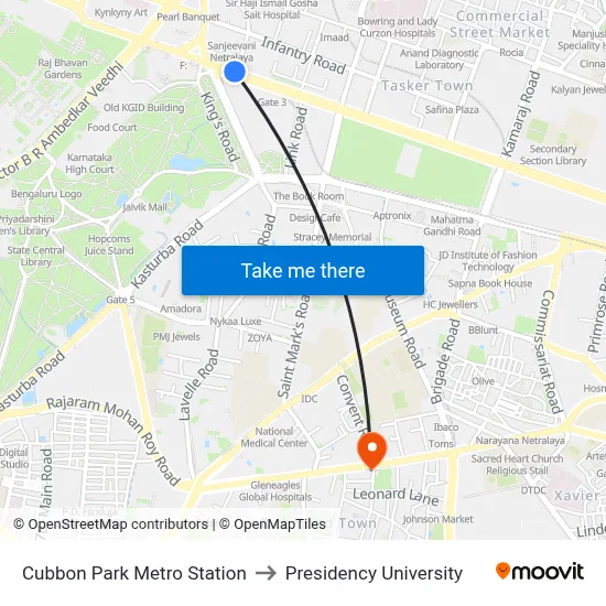 Cubbon Park Metro Station to Presidency University map