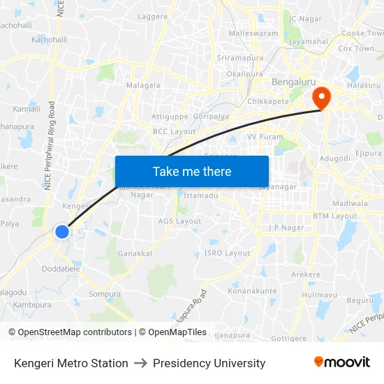 Kengeri Metro Station to Presidency University map