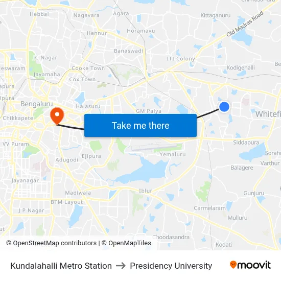 Kundalahalli Metro Station to Presidency University map