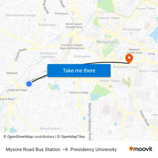 Mysore Road Bus Station to Presidency University map
