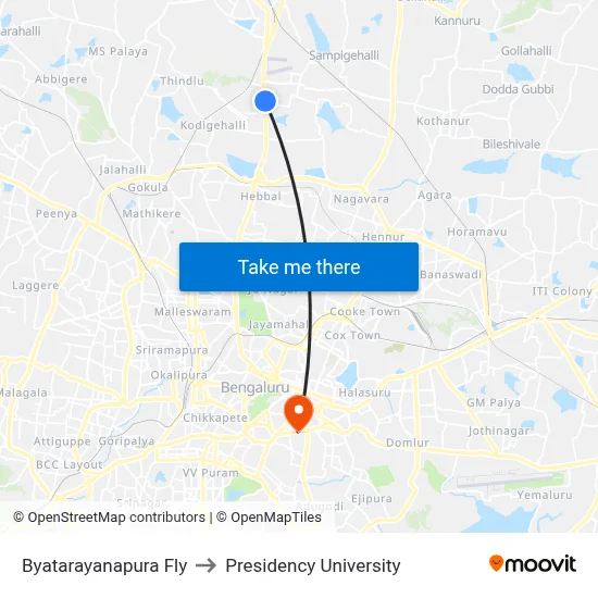 Byatarayanapura Fly to Presidency University map
