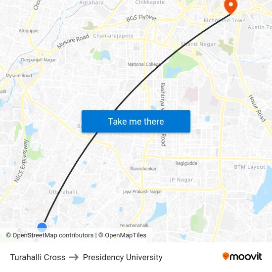 Turahalli Cross to Presidency University map