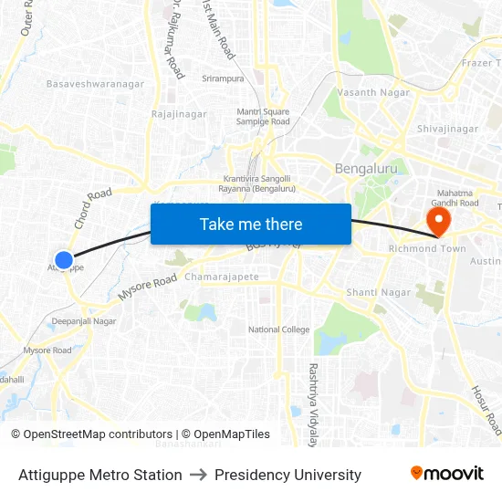 Attiguppe Metro Station to Presidency University map