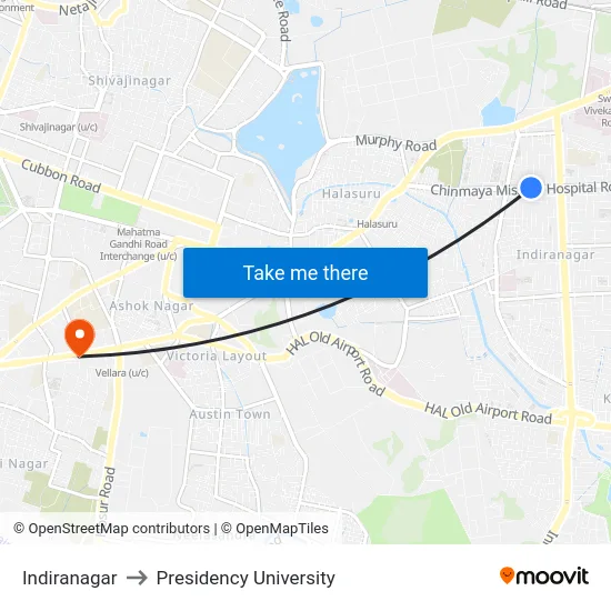 Indiranagar to Presidency University map