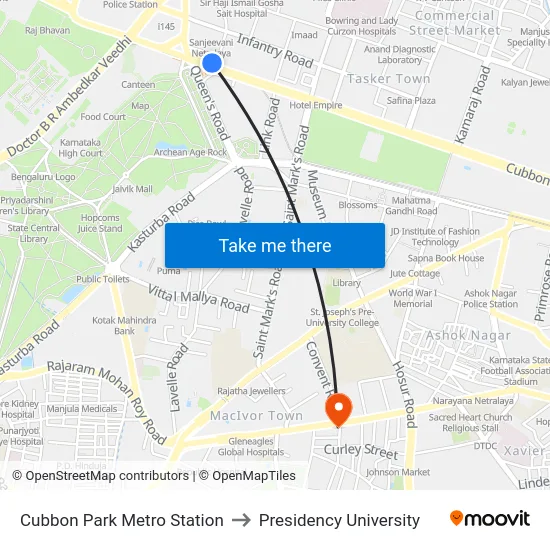 Cubbon Park Metro Station to Presidency University map