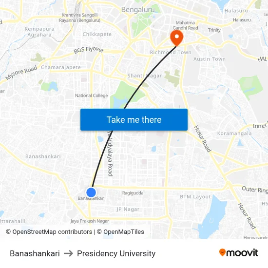 बनाशंकरी to प्रेसिडेंसी यूनिवर्सिटी map