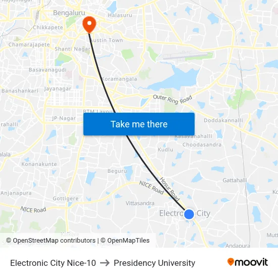 Electronic City Nice-10 to Presidency University map