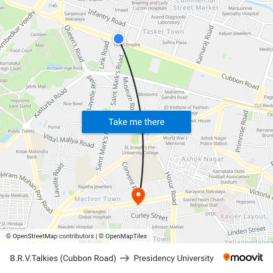 B.R.V.Talkies (Cubbon Road) to Presidency University map