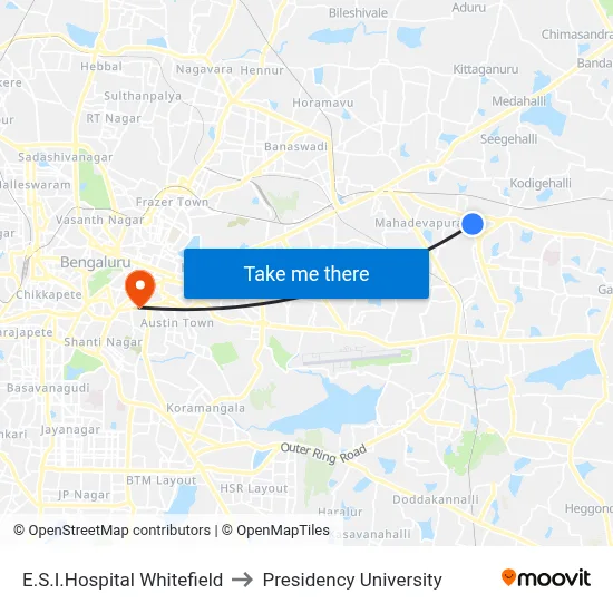 E.S.I.Hospital Whitefield to Presidency University map