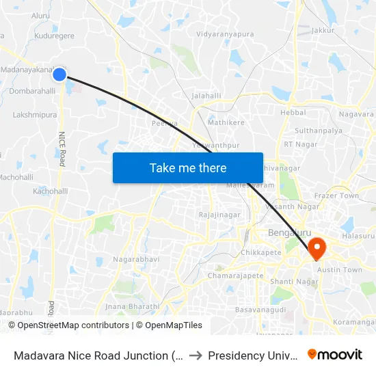 Madavara Nice Road Junction (B.I.E.C) to Presidency University map