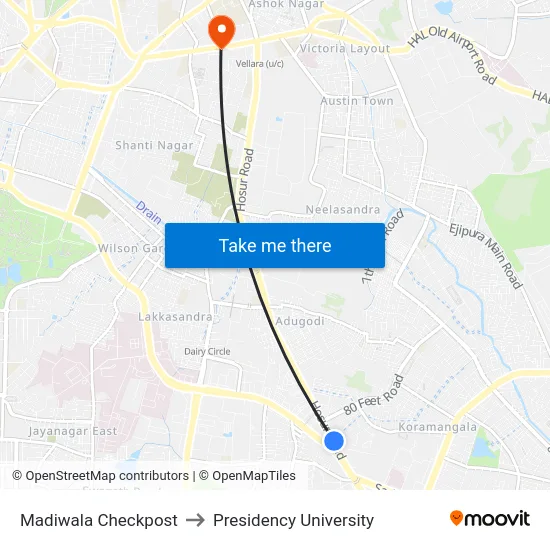 Madiwala Checkpost to Presidency University map