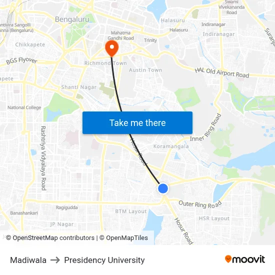 Madiwala to Presidency University map