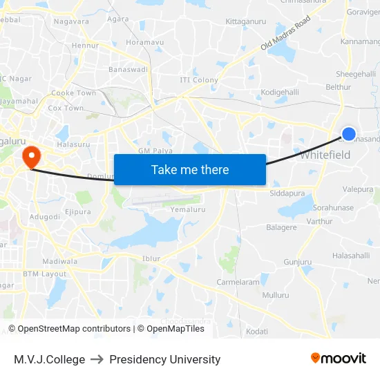 M.V.J.College to Presidency University map