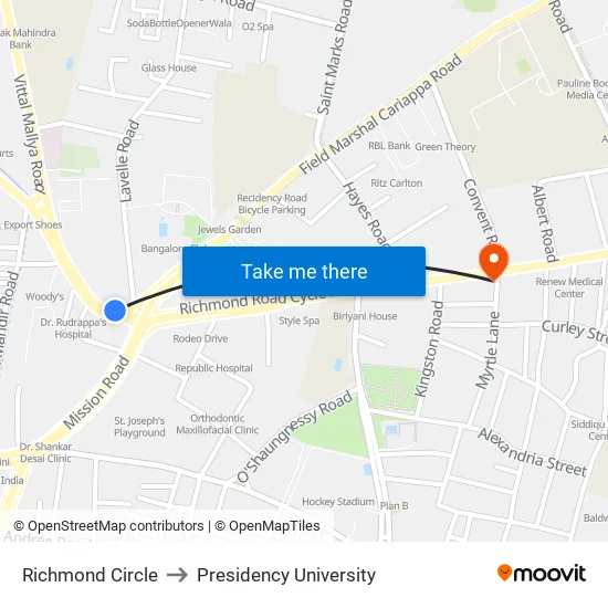 Richmond Circle to Presidency University map