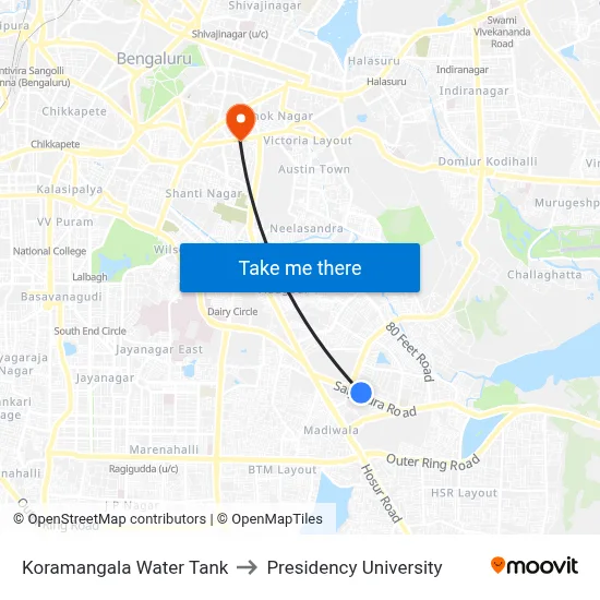 Koramangala Water Tank to Presidency University map
