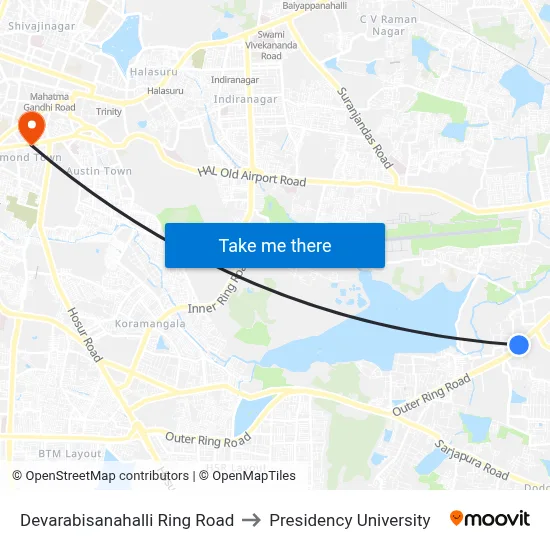 Devarabisanahalli Ring Road to Presidency University map