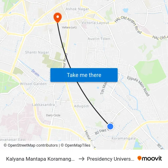 Kalyana Mantapa Koramangala to Presidency University map