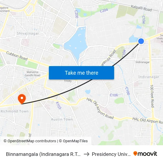 Binnamangala (Indiranagara R.T.O.Office) to Presidency University map