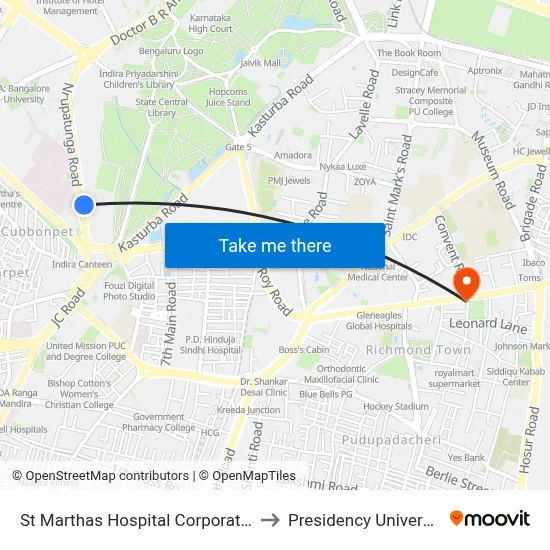St Marthas Hospital Corporation to Presidency University map