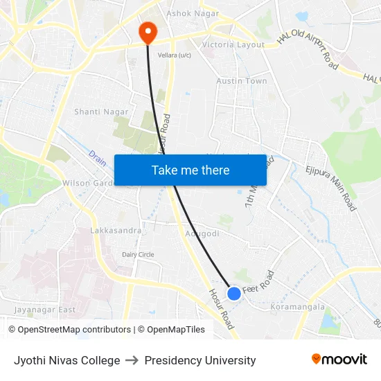 Jyothi Nivas College to Presidency University map