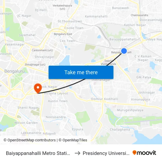 Baiyappanahalli Metro Station to Presidency University map