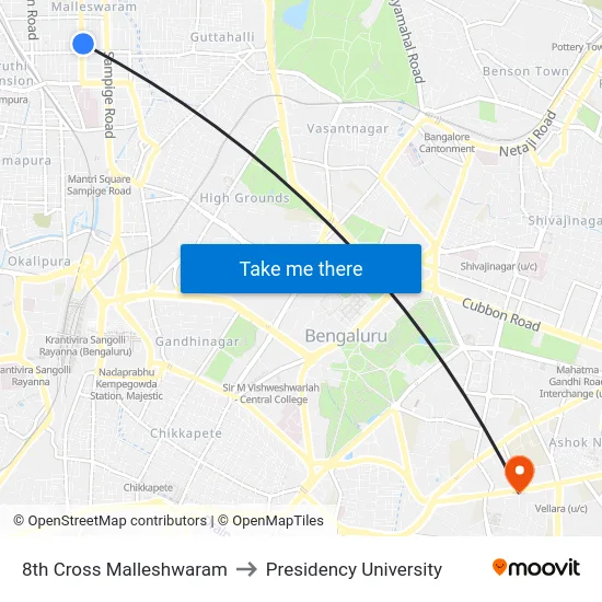 8th Cross Malleshwaram to Presidency University map