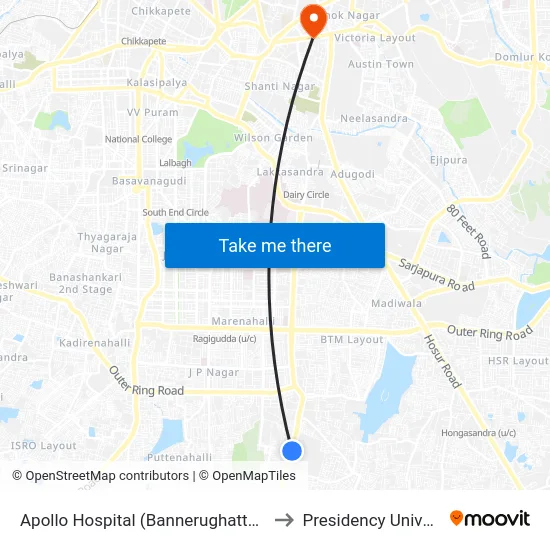 Apollo Hospital (Bannerughatta Road) to Presidency University map
