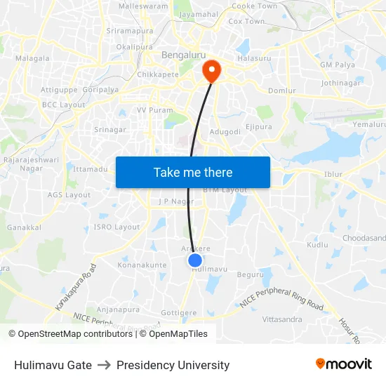 Hulimavu Gate to Presidency University map