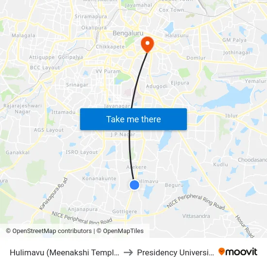 Hulimavu (Meenakshi Temple) to Presidency University map