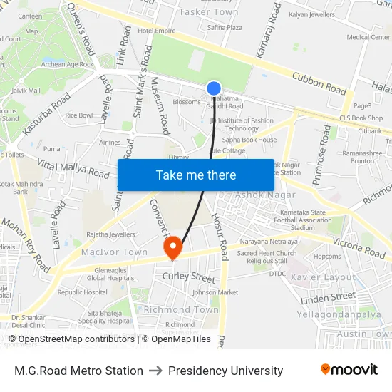M.G.Road Metro Station to Presidency University map