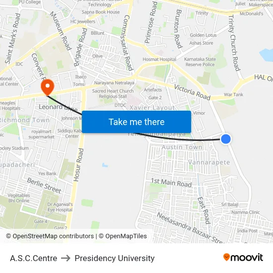A.S.C.Centre to Presidency University map