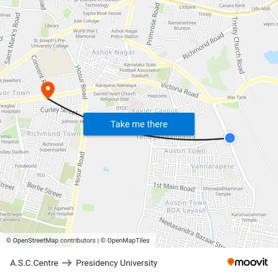 A.S.C.Centre to Presidency University map