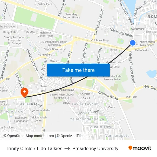 Trinity Circle / Lido Talkies to Presidency University map