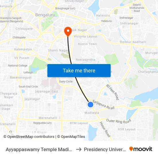 Ayyappaswamy Temple Madiwala to Presidency University map