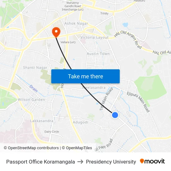 Passport Office Koramangala to Presidency University map
