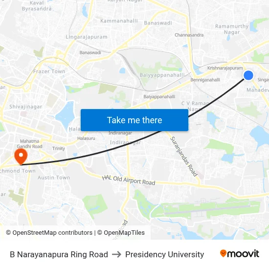 B Narayanapura Ring Road to Presidency University map