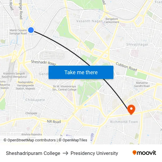 Sheshadripuram College to Presidency University map
