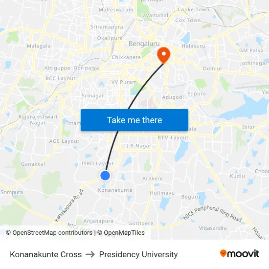 Konanakunte Cross to Presidency University map