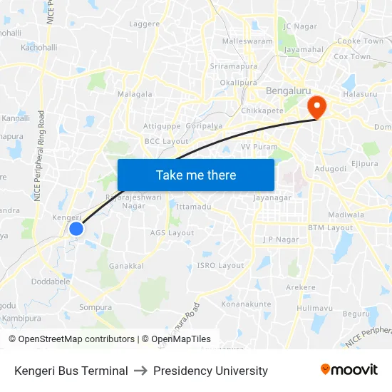 Kengeri Bus Terminal to Presidency University map
